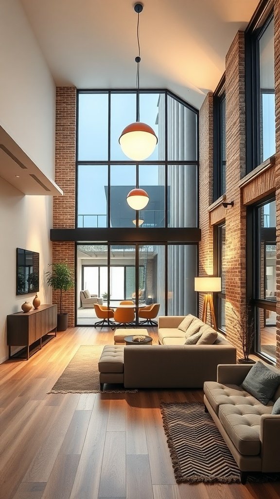 Stylish modern loft apartment interior with large windows and comfortable seating