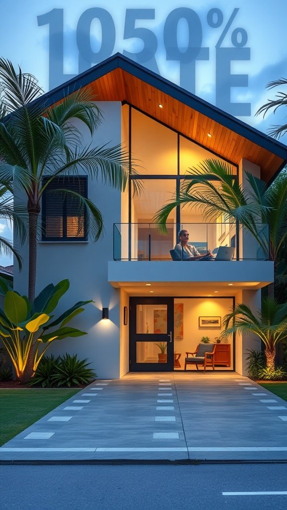 A modern tropical house with smart technology features, featuring a man on the balcony and warm lighting.