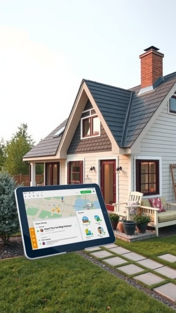 A modern cottage house with a tablet displaying a smart home interface.