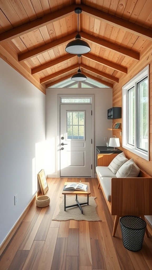 Interior of a modern tiny house with mid-century design elements, showcasing natural wood, minimalist furniture, and smart technology.