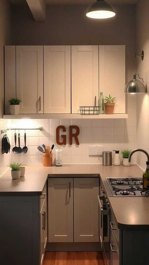 A cozy tiny house kitchen featuring smart lighting solutions, including pendant and under-cabinet lights.