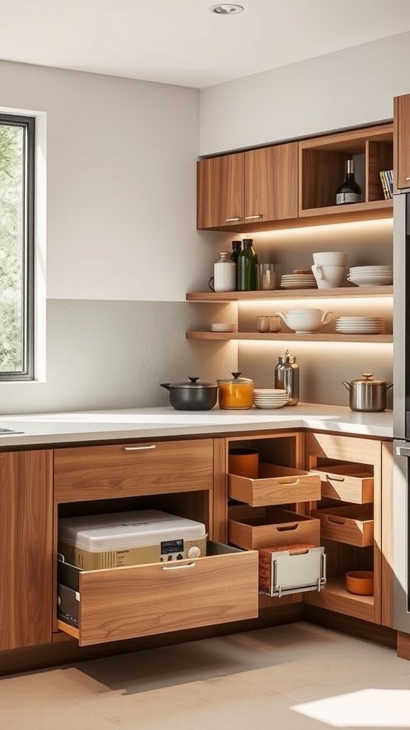 Modern loft kitchen with wooden cabinetry and smart storage solutions