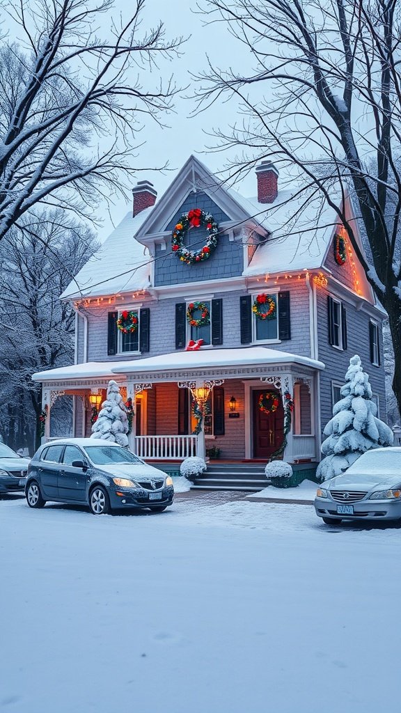 Snow-covered Victorian house decorated for Christmas with wreaths and lights