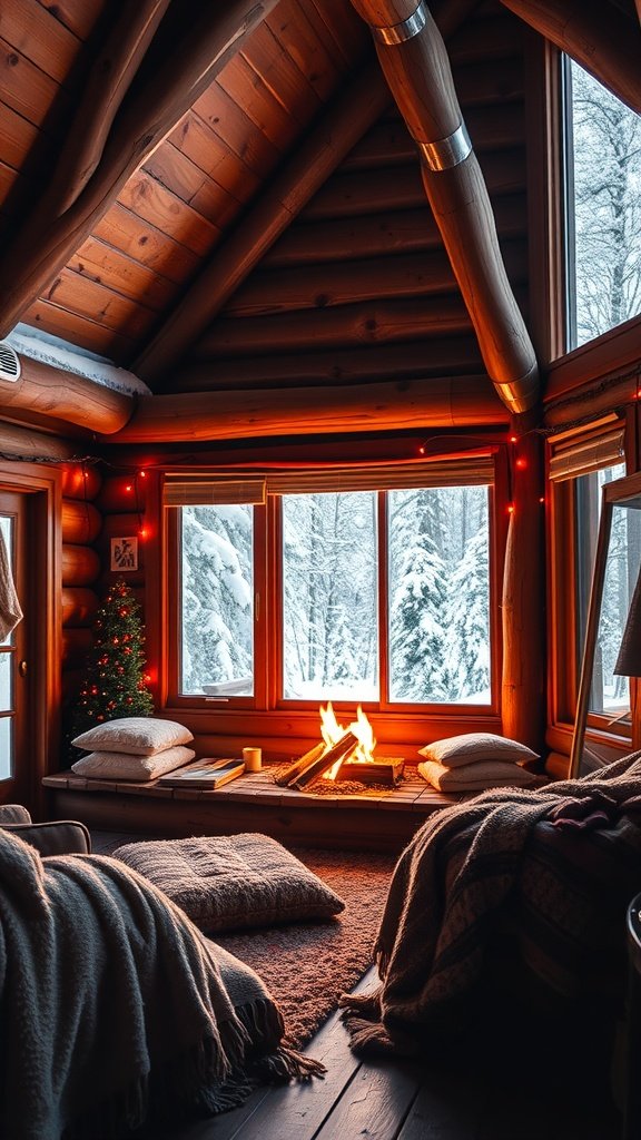 Cozy cabin interior with wooden beams, a fire pit, and snowy landscape outside.