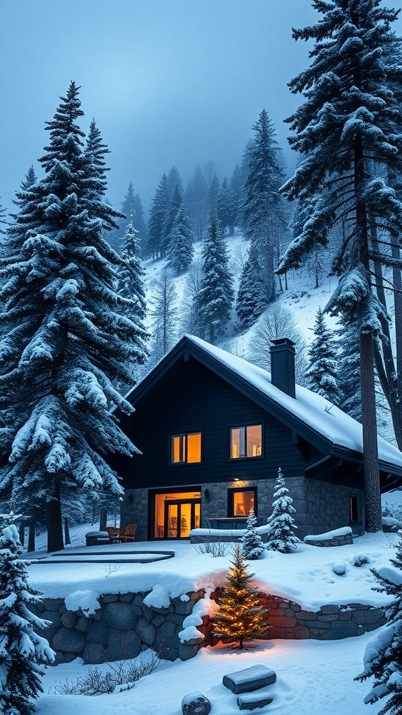 A black and stone chalet surrounded by snow-covered trees, with warm lights glowing from the windows.