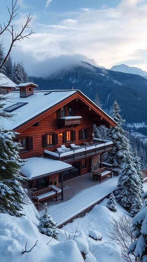 A snowy chalet nestled in the mountains, surrounded by trees and scenic views.