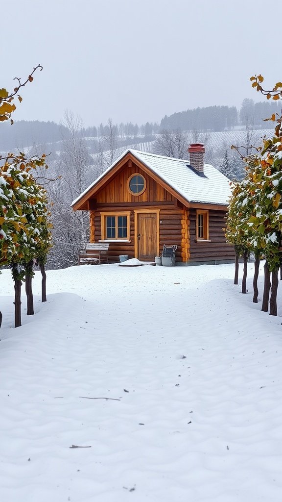 A cozy log cabin surrounded by snow and vines in winter