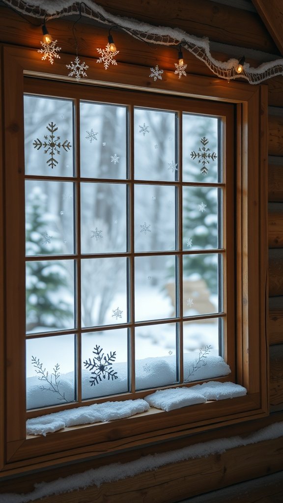 Cozy winter cabin window decorated with snowflake decals and fairy lights, overlooking a snowy landscape.