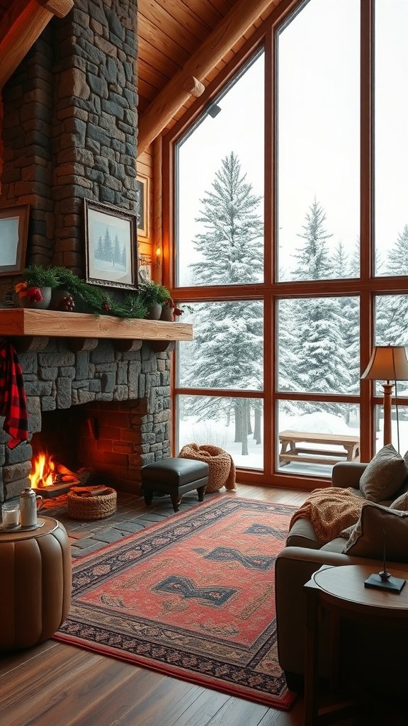 Interior of a cozy cabin with a stone fireplace, large windows showing snow, and rustic decor.