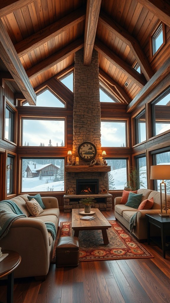 A cozy cabin living room with wooden beams, stone fireplace, and large windows showcasing a snowy landscape.