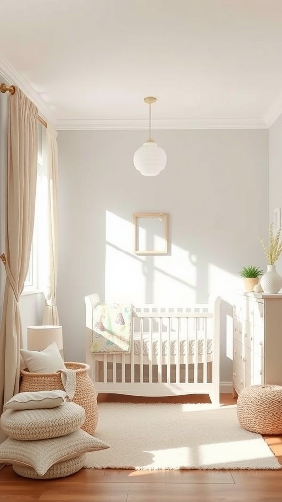 A tranquil nursery featuring a white crib, soft gray walls, and cozy neutral decor