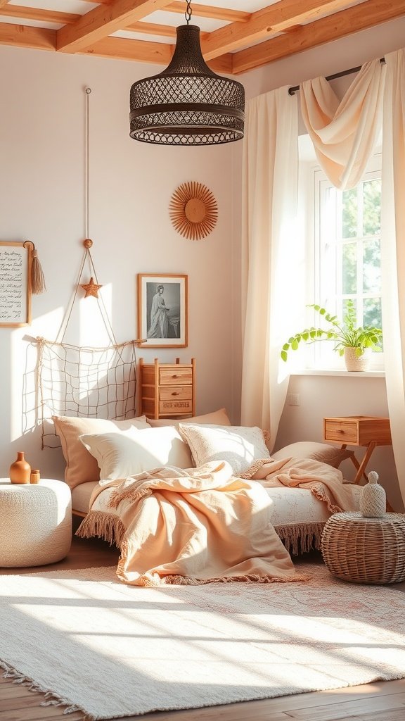 A cozy bedroom featuring soft pastel colors, natural materials, and warm sunlight.