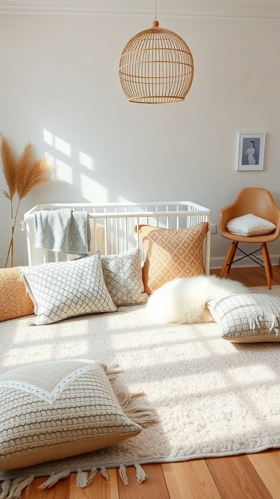 A cozy farmhouse nursery with soft textiles including pillows and blankets, featuring a crib and warm lighting.