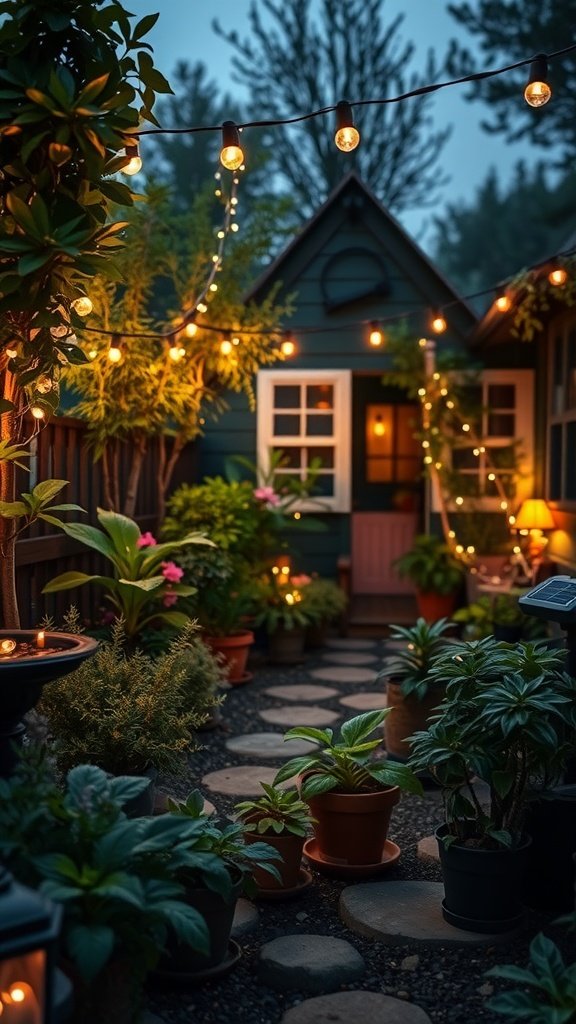 A garden path with solar-powered outdoor lights, surrounded by plants and a cozy home.