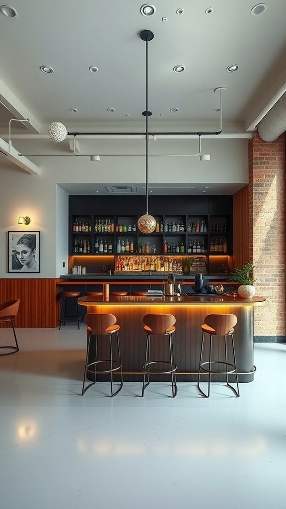 A modern loft bar area with stylish stools and a well-stocked shelf