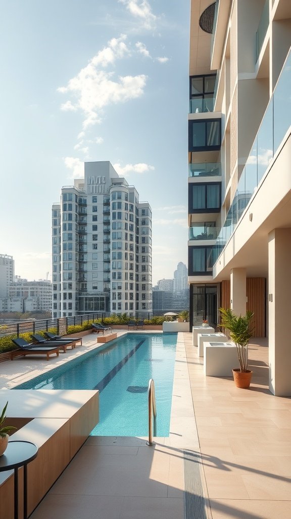 View of a modern city apartment with access to a shared pool, surrounded by urban architecture and greenery.