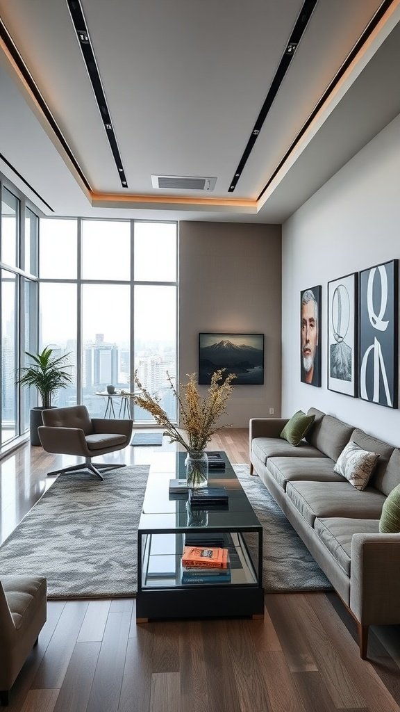 A contemporary penthouse living room featuring large windows, stylish furniture, and art on the walls.