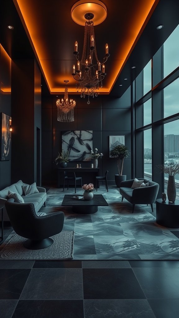 A sophisticated living area in a luxury penthouse featuring a dark palette with elegant lighting and luxurious furniture.