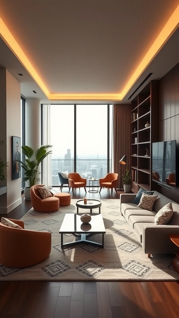 A stylish family penthouse living area with large windows, modern furniture, and a cozy atmosphere.