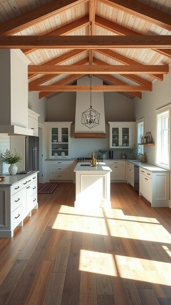 A sophisticated farmhouse kitchen with high ceilings, wooden beams, and modern appliances.