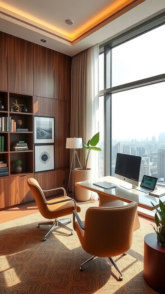 A sophisticated home office featuring modern furniture, large windows with city views, and elegant wooden cabinetry.