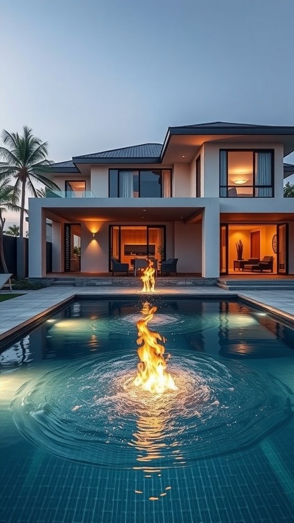 Modern house featuring a pool with a fire feature