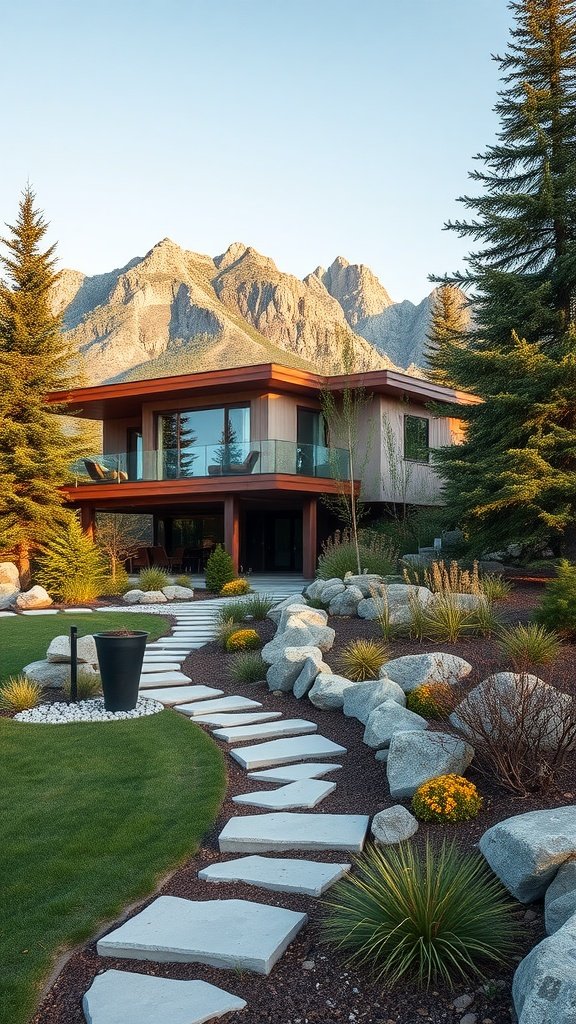 A modern mountain home with sophisticated landscaping featuring stone pathway, greenery, and towering mountains in the background.