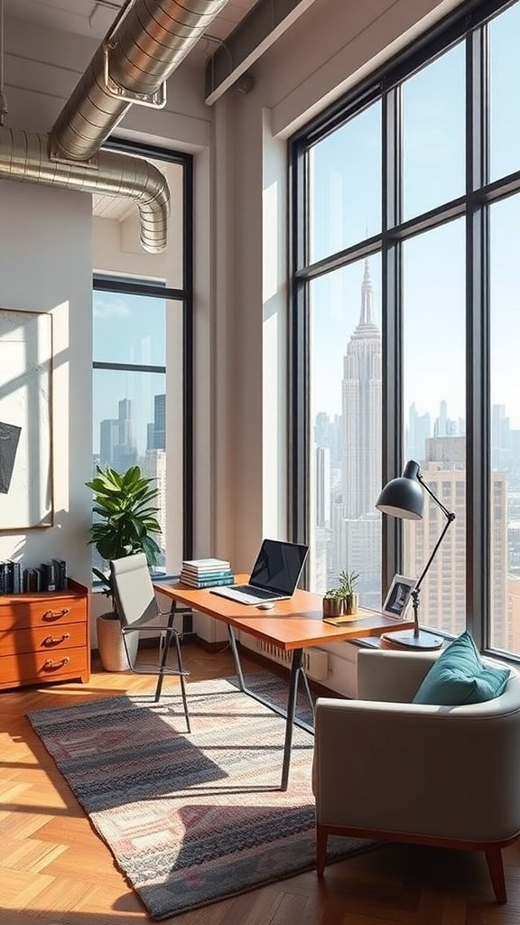 A stylish home office with a view of the Empire State Building, featuring a wooden desk, green plants, and modern decor.