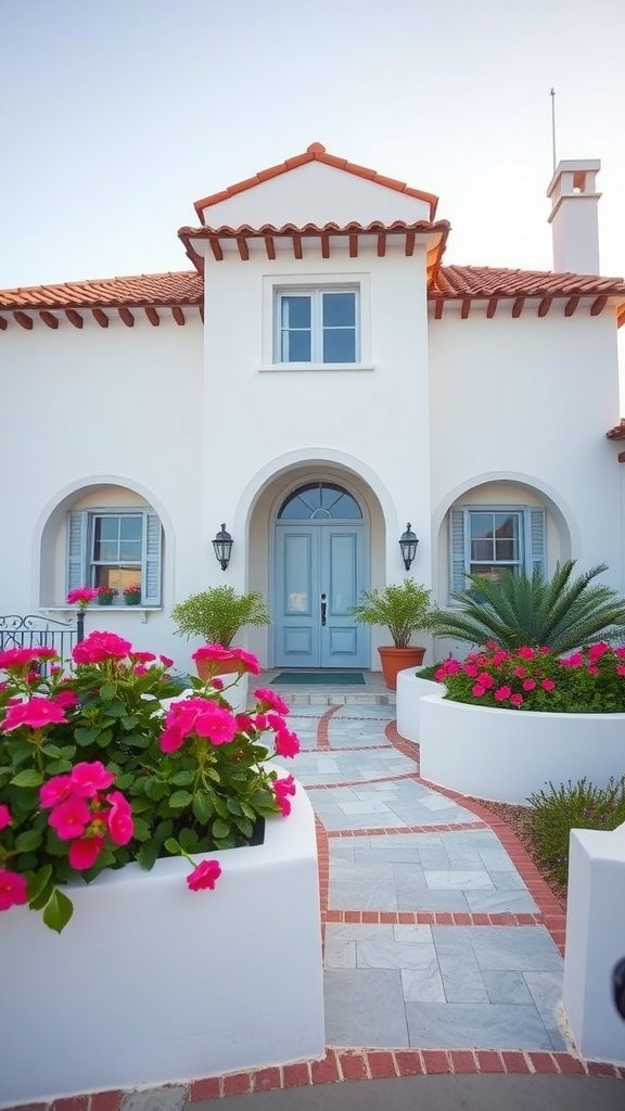A white Mediterranean style home with a terracotta roof, surrounded by vibrant flowers and greenery.