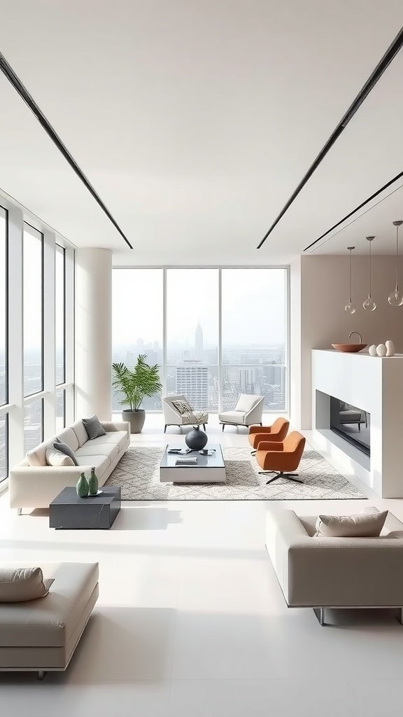 A bright and airy minimalist living room featuring large windows, light-colored sofas, and a vibrant orange chair.