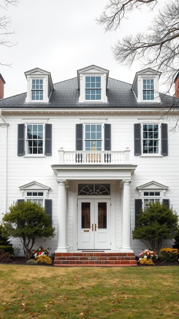 Neo-Colonial white exterior home with elegant columns and dormer windows