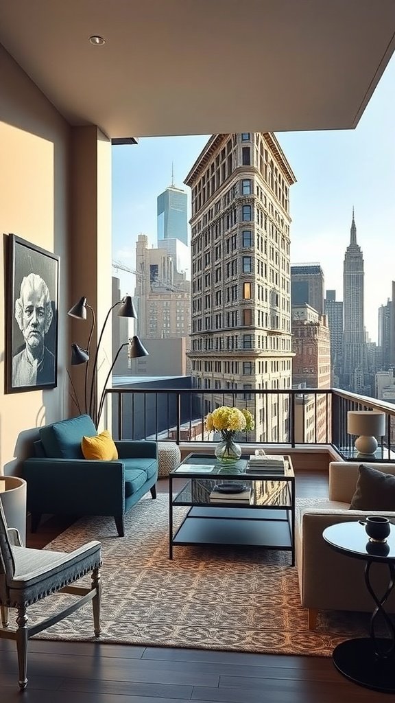 A stylish penthouse living room with a view of the Flatiron Building and skyline.