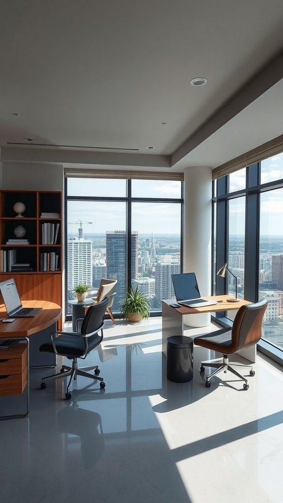 A sophisticated penthouse study space with large windows, modern furniture, and a city view