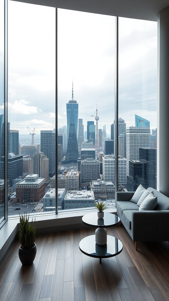 A modern penthouse living room with floor-to-ceiling windows offering a stunning view of a city skyline.