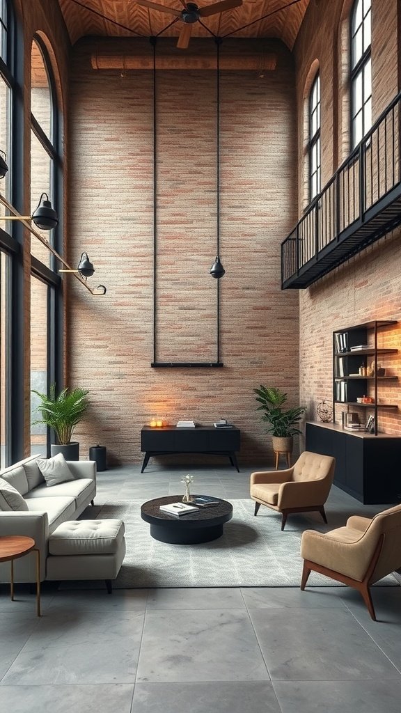 Interior of a sophisticated urban stone loft featuring high ceilings, large windows, and exposed brick walls