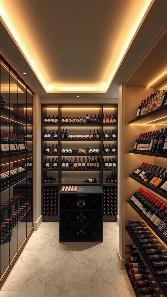Elegant wine cellar with ambient lighting and organized wine racks