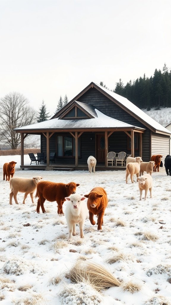 A cozy cabin surrounded by snow and farm animals in Southland, New Zealand.
