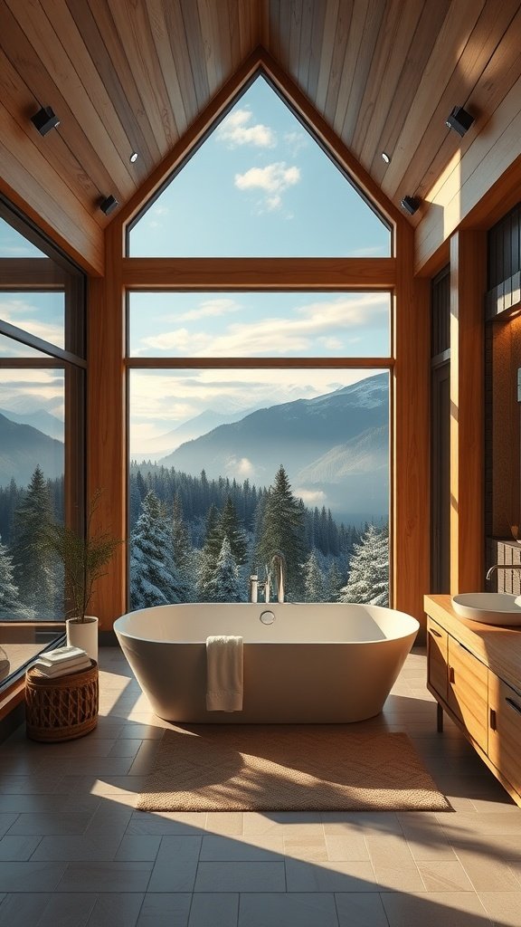 A modern bathroom featuring a freestanding tub with large windows overlooking snowy mountains.