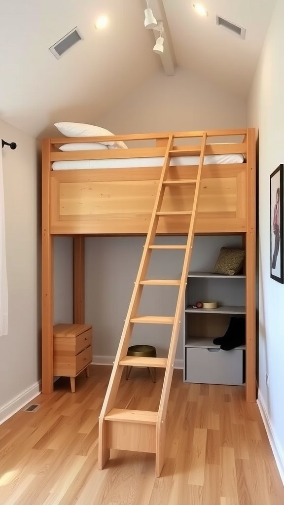 A wooden loft bed with a ladder, featuring storage space underneath.