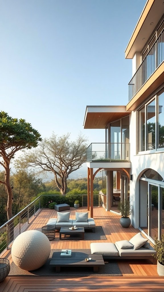 A spacious balcony with modern furniture and a scenic view
