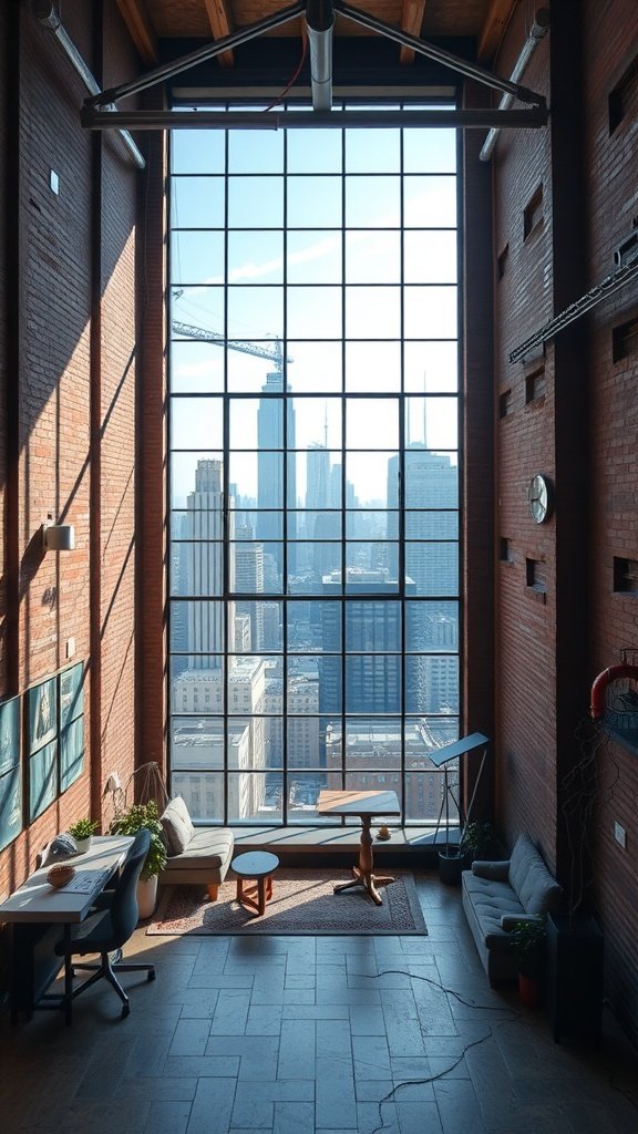 Spacious loft interior with large windows showcasing the New York skyline