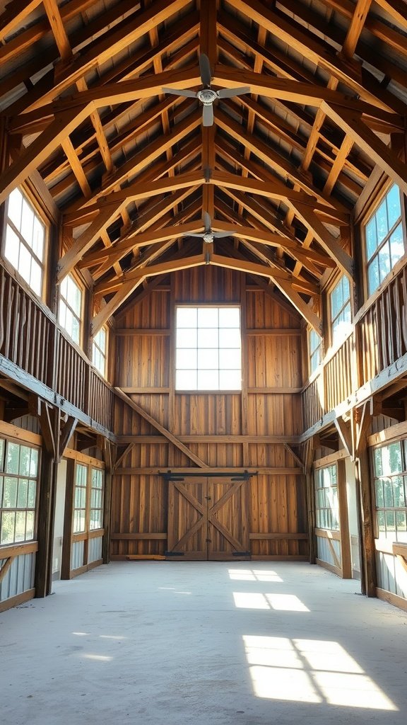 Interior of a modern barn house featuring wooden beams and large windows that allow natural light to fill the space.