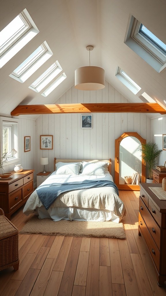 Cozy loft bedroom with skylights, wooden furniture, and a light color palette.