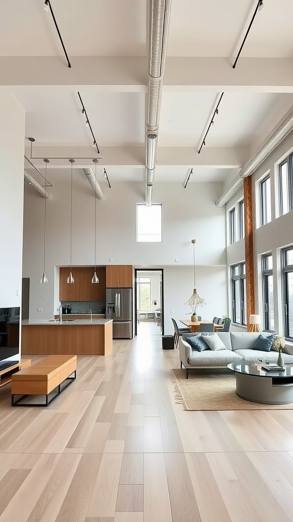 A modern loft apartment featuring an open floor plan with a kitchen and living area.