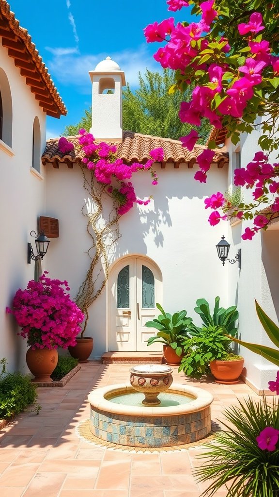 A beautiful courtyard of a Spanish Mediterranean home, featuring vibrant bougainvillea flowers, a tiled fountain, and lush greenery.
