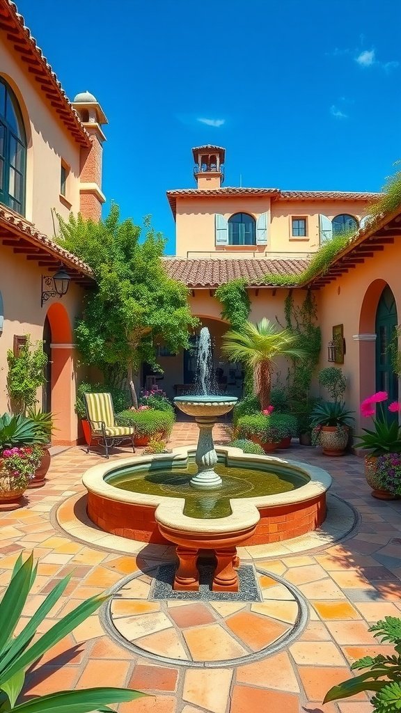 A picturesque Spanish Mediterranean courtyard featuring a fountain, lush plants, and a cozy seating area.