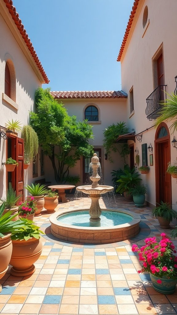 A sunny Spanish Mediterranean courtyard featuring a fountain, colorful tiles, and lush plants.