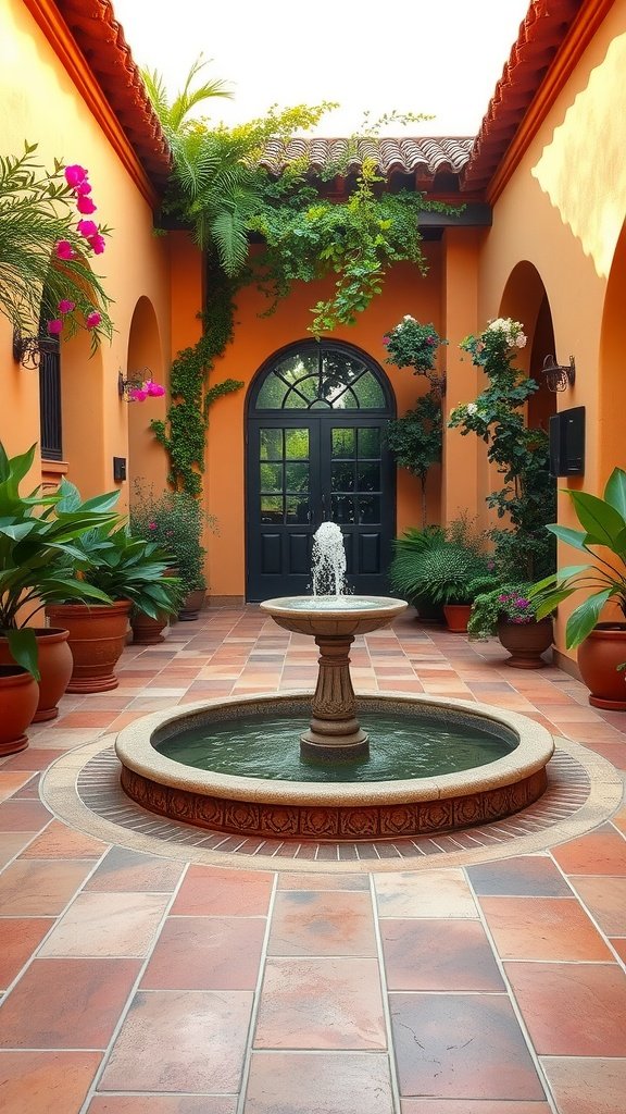 A beautifully designed Spanish Mediterranean courtyard with a fountain at the center, surrounded by potted plants and vibrant greenery.