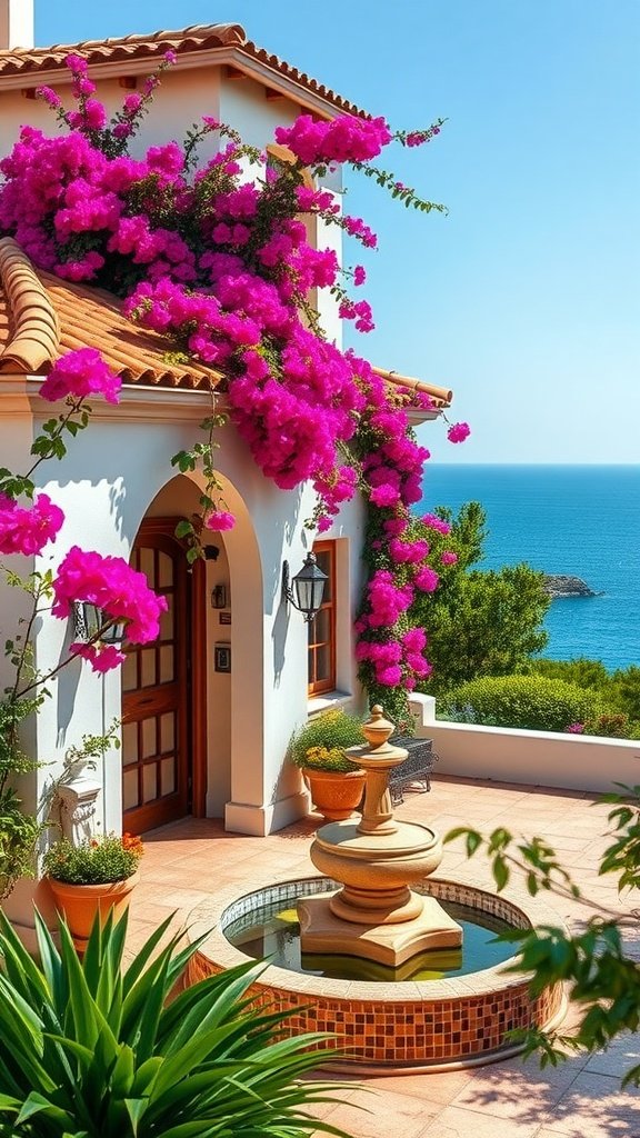 A Mediterranean home with bougainvillea flowers, terracotta roof, and a fountain, overlooking the sea.