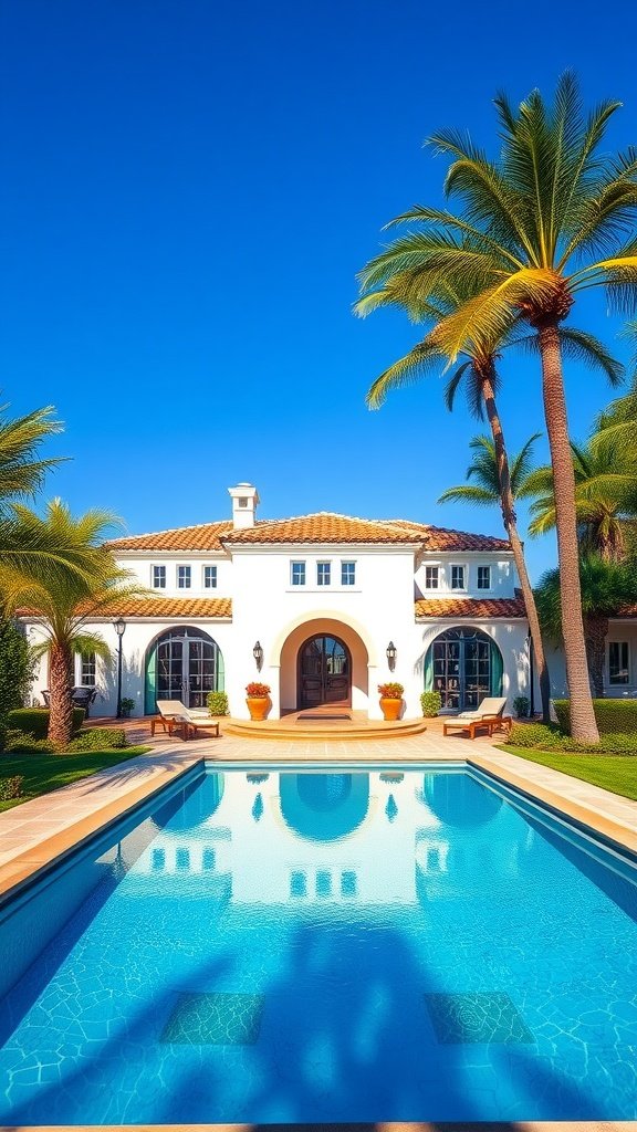 A beautiful Spanish Mediterranean home with a pool and palm trees
